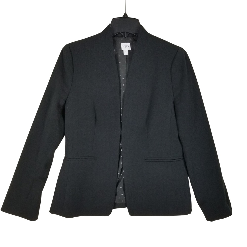 J.Crew Open Front Blazer Women 6 Black Polka Dot Lining Structured Workwear